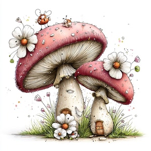 May include: Watercolor illustration of two whimsical mushroom houses with pink caps and white stems. White daisies and small insects decorate the scene. Green grass and small pink flowers surround the mushroom houses.