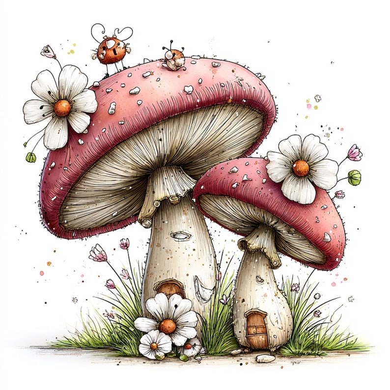 May include: Watercolor illustration of two whimsical mushroom houses with pink caps and white stems. White daisies and small insects decorate the scene. Green grass and small pink flowers surround the mushroom houses.