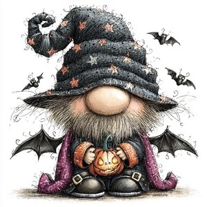 May include: A whimsical illustration of a gnome wearing a tall, dark, star-patterned hat and a purple cape with bat wings. The gnome has a large nose, a bushy beard, and holds a small, glowing orange jack-o'-lantern. Three small bats fly nearby.