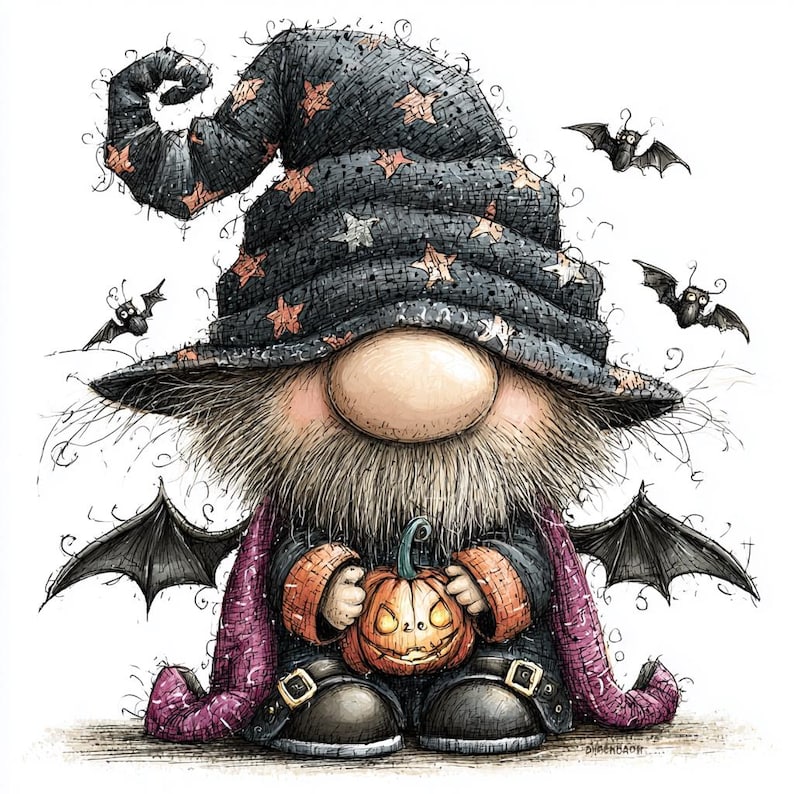 May include: A whimsical illustration of a gnome wearing a tall, dark, star-patterned hat and a purple cape with bat wings. The gnome has a large nose, a bushy beard, and holds a small, glowing orange jack-o'-lantern. Three small bats fly nearby.