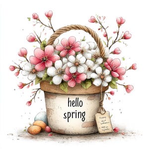 May include: A watercolour illustration of a basket overflowing with pink and white flowers. The basket is in a pot with "hello spring" written on it. Eggs and a tag hang from the pot.