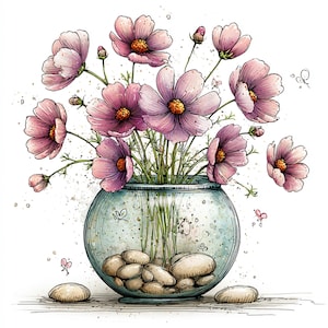 Peut inclure: Illustration &agrave; l'aquarelle d'une composition florale. Des cosmos roses avec des centres jaunes sont dans un vase rond en verre transparent rempli de galets. Le vase est pos&eacute; sur une surface blanche, avec quelques galets &eacute;pars.