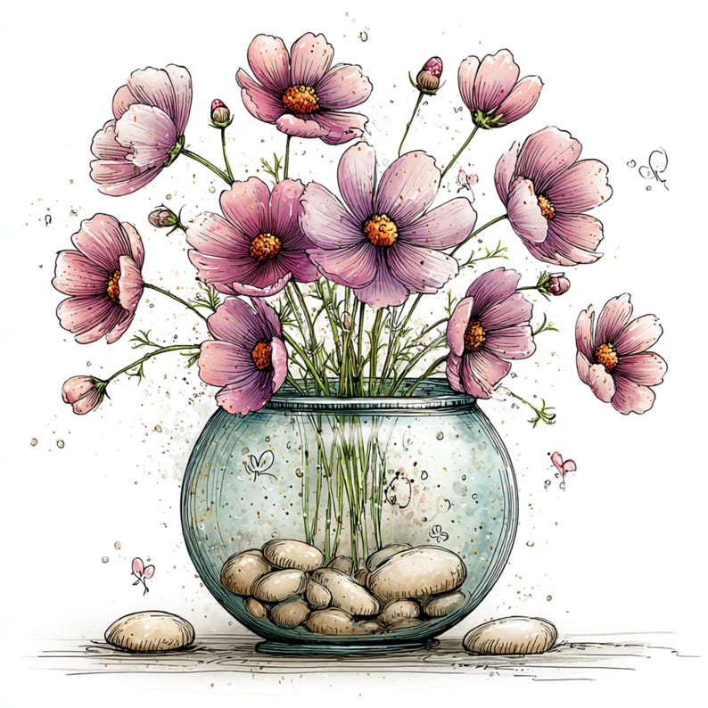 Peut inclure: Illustration &agrave; l'aquarelle d'une composition florale. Des cosmos roses avec des centres jaunes sont dans un vase rond en verre transparent rempli de galets. Le vase est pos&eacute; sur une surface blanche, avec quelques galets &eacute;pars.