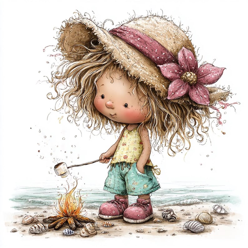 Op de afbeelding: Een grillige illustratie van een kind dat een marshmallow roostert boven een kampvuur op een strand. Het kind draagt een strohoed met een roze lint en bloem, een gele top, een turquoise short en roze laarzen. Schelpen liggen op het zand.