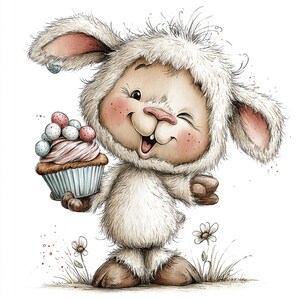 May include: A whimsical illustration of a cartoon bunny wearing a fluffy white costume, holding a cupcake topped with pastel-colored Easter eggs. The bunny is winking and smiling, with a few small flowers in the background.