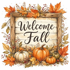 Puede incluir: Un letrero rectangular de madera con el texto Welcome Fall en letra cursiva negra. El letrero está rodeado por un borde decorativo de hojas de otoño naranjas, amarillas y marrones, bayas rojas y cuatro calabazas en blanco, naranja y verde.