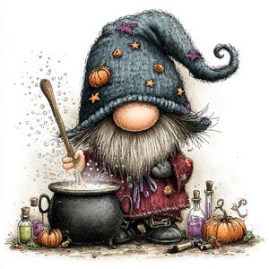 May include: A gnome wearing a dark blue knitted hat with orange star and pumpkin accents, stirring a black cauldron with a wooden spoon. The gnome has a long beard and wears a dark red robe. Nearby are glass bottles with liquids and pumpkins.