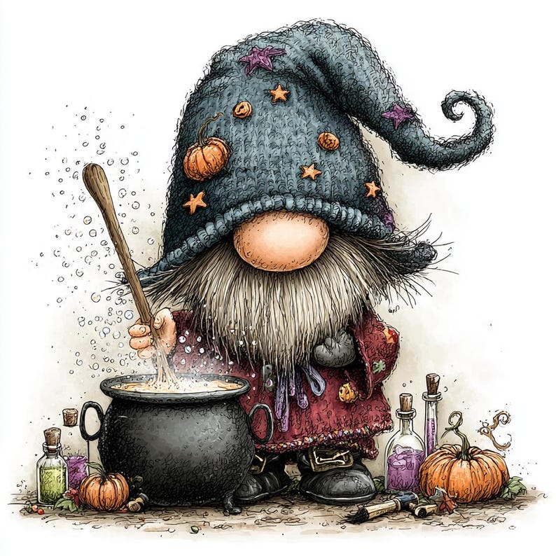 May include: A gnome wearing a dark blue knitted hat with orange star and pumpkin accents, stirring a black cauldron with a wooden spoon. The gnome has a long beard and wears a dark red robe. Nearby are glass bottles with liquids and pumpkins.