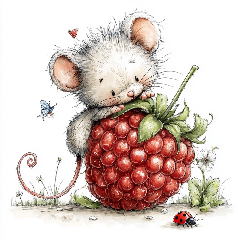May include: A watercolor illustration of a cute white mouse with large ears, perched on a large red raspberry. A blue butterfly and a ladybug are also present. The image has a whimsical, storybook feel.