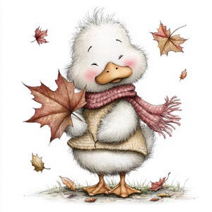 May include: A watercolor illustration of a cheerful duckling wearing a pink scarf and a beige vest, holding a large brown maple leaf. The duckling has rosy cheeks and is surrounded by falling autumn leaves, creating a cozy, seasonal theme.