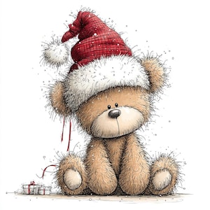 K&ouml;nnte beinhalten: Niedlicher Cartoon-Teddyb&auml;r mit rotem und wei&szlig;em Weihnachtsmannhut. Der B&auml;r ist hellbraun mit einer schwarzen Nase und sitzt. Zwei kleine verpackte Geschenke liegen zu F&uuml;&szlig;en des B&auml;ren. Das Bild hat ein skurriles, festliches Thema.