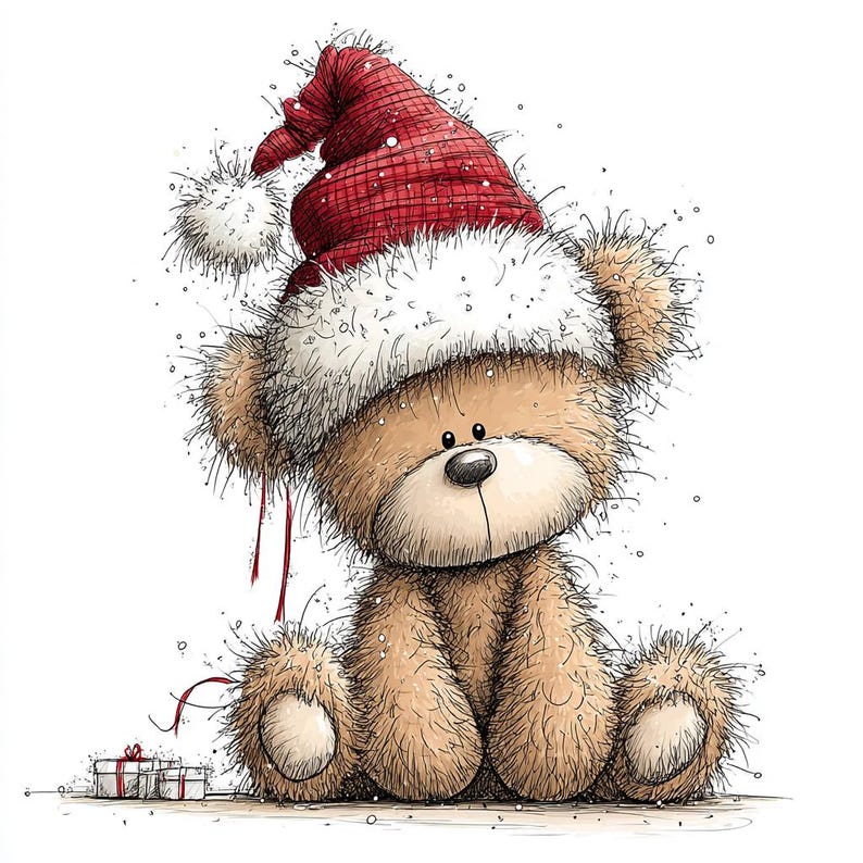K&ouml;nnte beinhalten: Niedlicher Cartoon-Teddyb&auml;r mit rotem und wei&szlig;em Weihnachtsmannhut. Der B&auml;r ist hellbraun mit einer schwarzen Nase und sitzt. Zwei kleine verpackte Geschenke liegen zu F&uuml;&szlig;en des B&auml;ren. Das Bild hat ein skurriles, festliches Thema.
