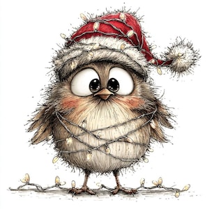 Puede incluir: Ilustración caprichosa de un pájaro con un gorro de Papá Noel rojo y luces navideñas. El pájaro tiene ojos grandes y expresivos y está dibujado con un estilo detallado y texturizado, evocando un tema festivo.