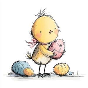 May include: A watercolor illustration of a yellow chick wearing a pink scarf, holding a pink Easter egg with floral designs. Two other decorated eggs are on the ground. The chick has a sweet expression, perfect for Easter-themed products.