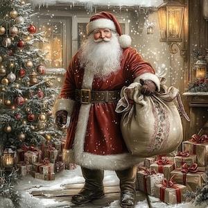May include: Santa Claus wearing a red coat with white fur trim, a matching hat, and a wide brown belt. He holds a large, beige fabric sack filled with gifts. A decorated Christmas tree with red and gold ornaments stands nearby, surrounded by wrapped presents.