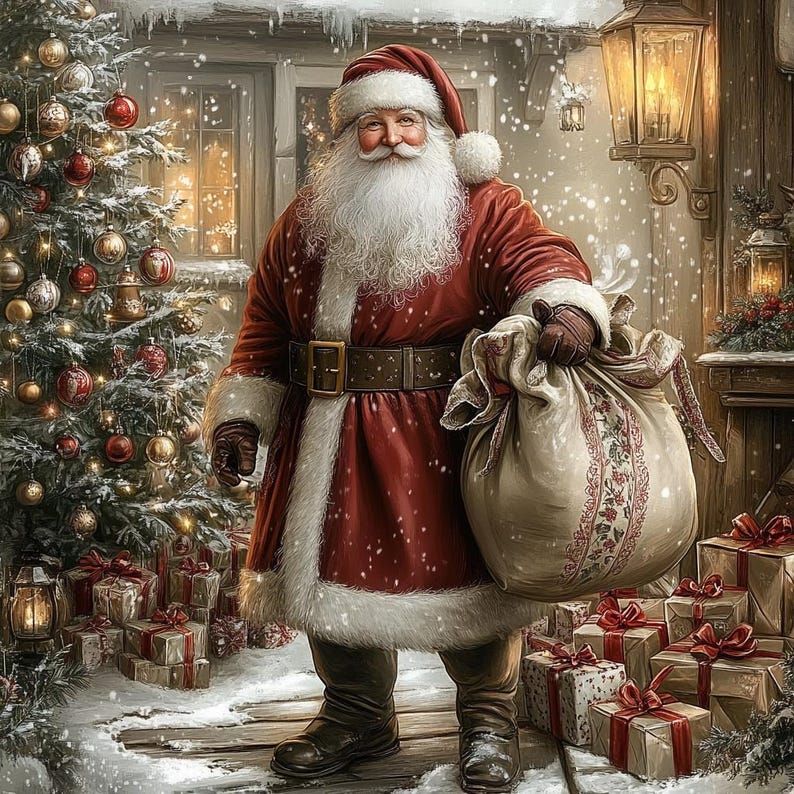 May include: Santa Claus wearing a red coat with white fur trim, a matching hat, and a wide brown belt. He holds a large, beige fabric sack filled with gifts. A decorated Christmas tree with red and gold ornaments stands nearby, surrounded by wrapped presents.