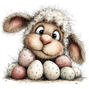 May include: A whimsical illustration of a bunny wearing a sheep's wool hat, surrounded by decorated Easter eggs. The bunny has large, expressive eyes and a pink nose. The eggs are pastel colors with floral patterns, set on a bed of grass.