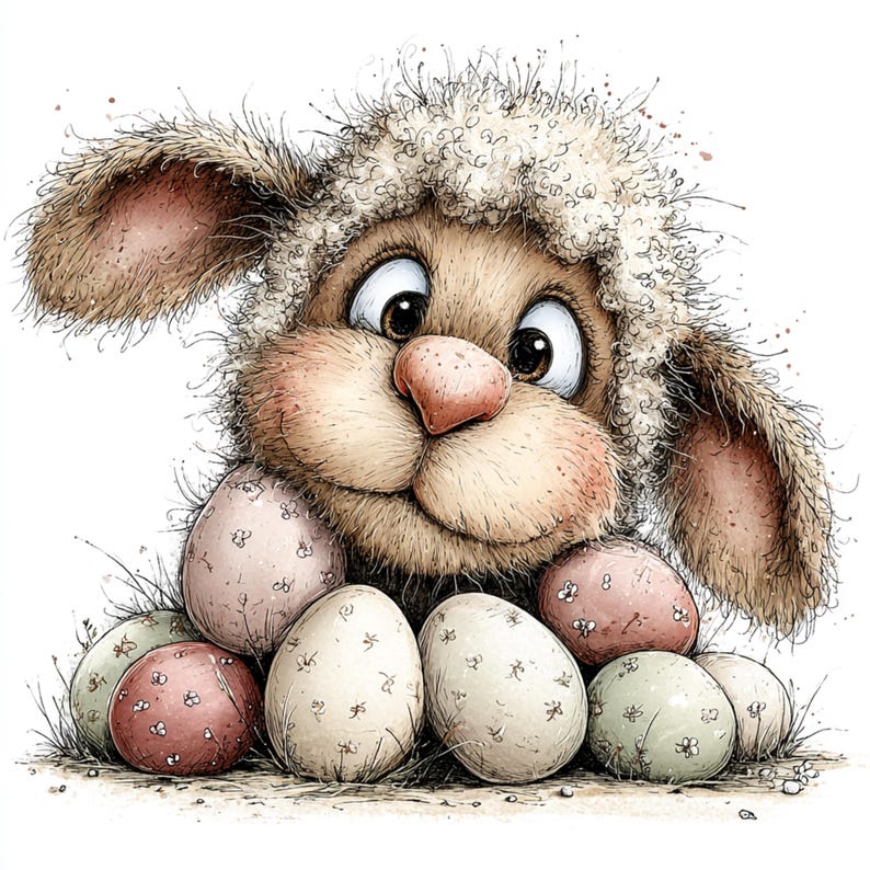 May include: A whimsical illustration of a bunny wearing a sheep's wool hat, surrounded by decorated Easter eggs. The bunny has large, expressive eyes and a pink nose. The eggs are pastel colors with floral patterns, set on a bed of grass.