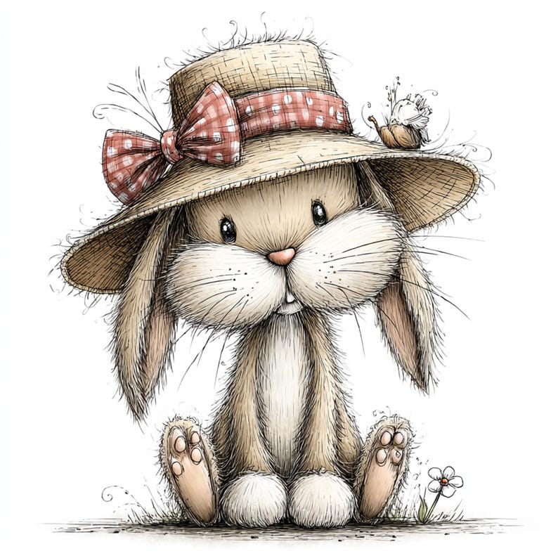 May include: A charming illustration of a bunny wearing a straw hat with a red and white gingham bow. The bunny has long whiskers, a pink nose, and is sitting on the grass next to a small flower. The artwork is done in a soft, sketched style.