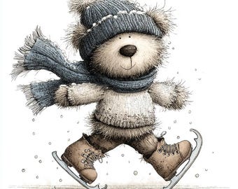 27 JPG Winter Woodland Skating Clipart – Cute Whimsical Forest Animals Ice Skating with Hats & Scarves JPG
