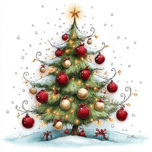 Op de afbeelding: Een grillige illustratie van een groene kerstboom versierd met glanzende rode en gouden kerstballen, gloeiende lichtjes en een gouden ster als piek. De boom is omringd door vallende sneeuw en twee cadeautjes met rode strikken.
