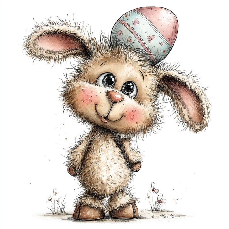 May include: A cartoon illustration of a fluffy brown bunny with large eyes and rosy cheeks. The bunny is wearing a decorated Easter egg on its head. The image has a watercolor style with small flowers in the background.
