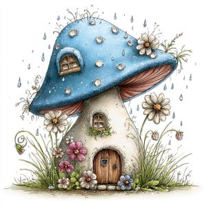 May include: A whimsical illustration of a mushroom house with a blue cap dotted with white spots. The house has a wooden door, small windows, and is surrounded by flowers and grass. Raindrops fall around the mushroom house.