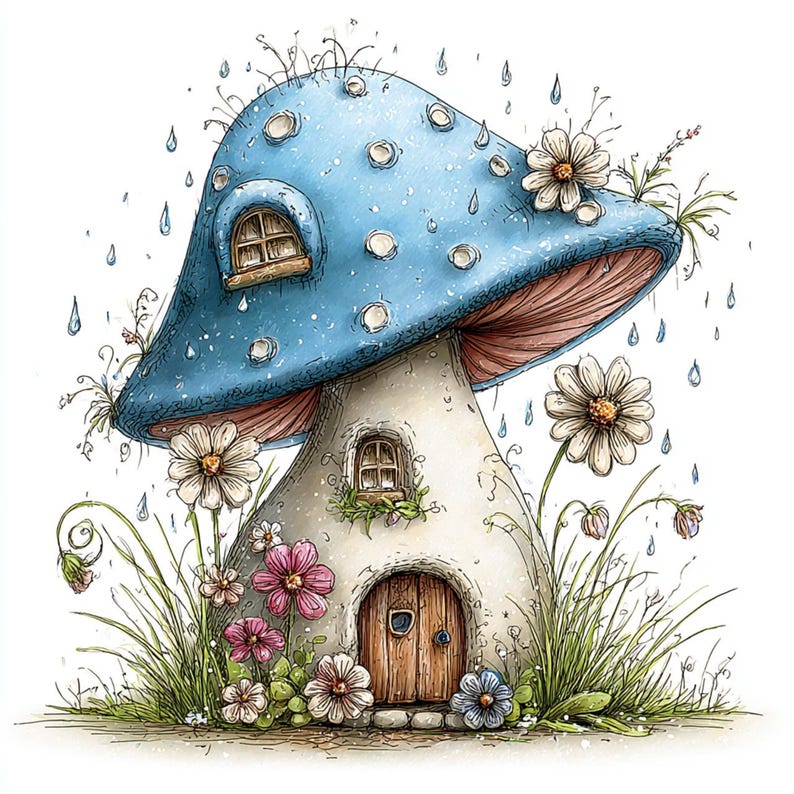 May include: A whimsical illustration of a mushroom house with a blue cap dotted with white spots. The house has a wooden door, small windows, and is surrounded by flowers and grass. Raindrops fall around the mushroom house.