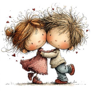 May include: A whimsical illustration of two cartoon figures embracing. The girl wears a pink dress and the boy a sweater and blue pants. Red hearts float around them, suggesting a theme of love and affection. The artwork has a soft, hand-drawn style.