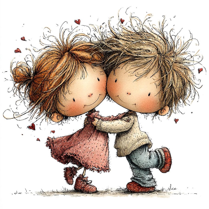 May include: A whimsical illustration of two cartoon figures embracing. The girl wears a pink dress and the boy a sweater and blue pants. Red hearts float around them, suggesting a theme of love and affection. The artwork has a soft, hand-drawn style.