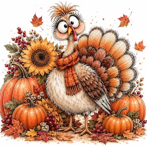 Puede incluir: Un pavo de dibujos animados con ojos grandes y pestañas largas lleva una bufanda de cuadros naranja. El pavo está rodeado de calabazas naranjas, un gran girasol amarillo, bayas rojas y hojas de otoño sobre un fondo blanco.