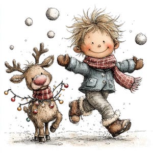 May include: A whimsical ink and watercolour illustration of a child with messy blonde hair wearing a blue jacket, brown trousers, and a red plaid scarf, running alongside a reindeer draped in colourful string lights during a light snowfall.