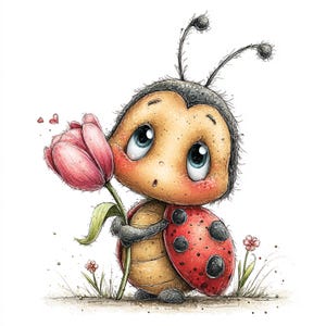 Peut inclure: Une coccinelle de dessin anim&eacute; tient une tulipe rose. La coccinelle a une carapace rouge &agrave; pois noirs et de grands yeux bleus. L'image est sur fond blanc avec des fleurs et de l'herbe.