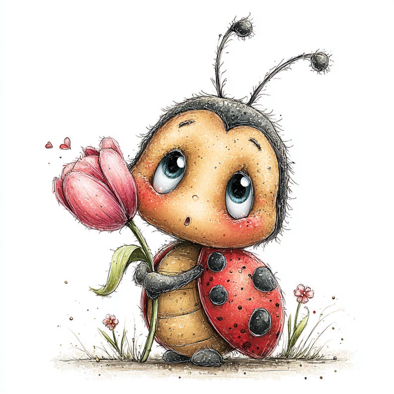 Peut inclure: Une coccinelle de dessin anim&eacute; tient une tulipe rose. La coccinelle a une carapace rouge &agrave; pois noirs et de grands yeux bleus. L'image est sur fond blanc avec des fleurs et de l'herbe.