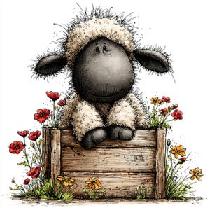 May include: A whimsical illustration of a sheep with a fluffy, cream-colored coat and a dark gray face. The sheep sits in a wooden crate surrounded by red and orange flowers and green foliage, creating a charming, pastoral scene.