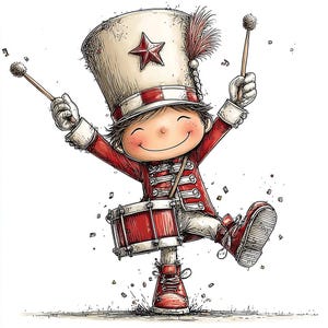Könnte beinhalten: Cartoon-Illustration eines lächelnden Kindes in einer Marschkapellen-Uniform. Das Kind trägt eine rot-weiße Uniform, einen hohen Hut mit Stern und spielt eine rote Trommel mit Trommelstöcken. Das Bild hat eine fröhliche, festliche Ausstrahlung.