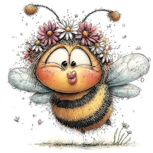 May include: A whimsical illustration of a cartoon bee with a flower crown. The bee has a yellow and black striped body, large eyes, and rosy cheeks. It is surrounded by small flowers and sparkles, giving a cheerful and playful vibe.