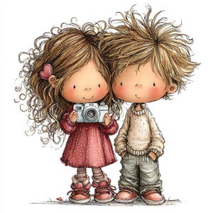 May include: Illustration of two cartoon children. A girl with curly brown hair holds a silver camera, wearing a red dress with white polka dots and red shoes. A boy with blond hair stands beside her, wearing a cream sweater, gray pants, and red shoes.
