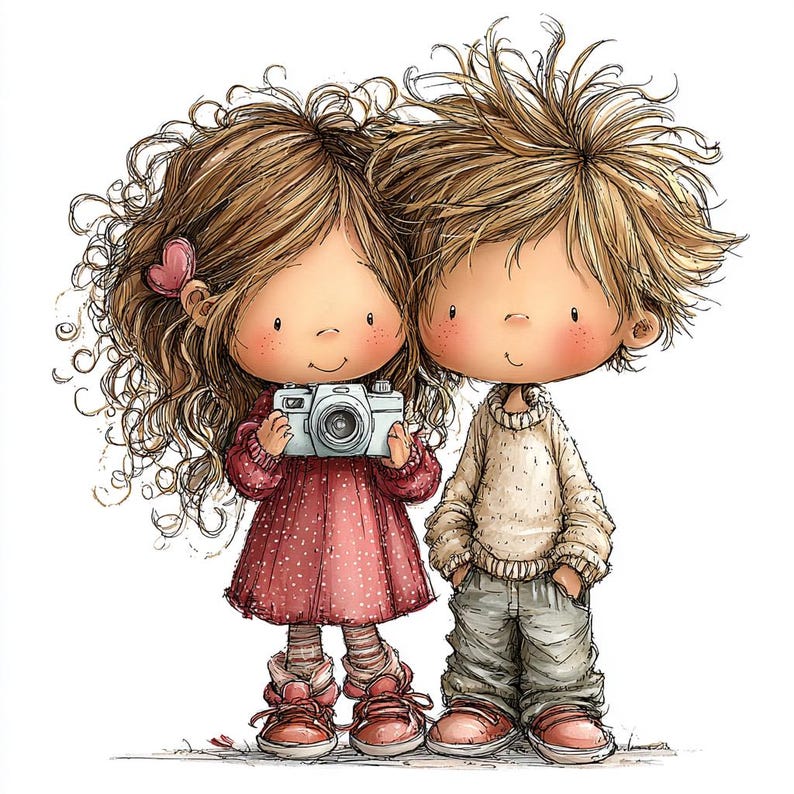 May include: Illustration of two cartoon children. A girl with curly brown hair holds a silver camera, wearing a red dress with white polka dots and red shoes. A boy with blond hair stands beside her, wearing a cream sweater, gray pants, and red shoes.
