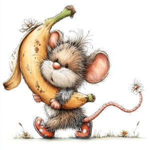 Könnte beinhalten: Eine skurrile Illustration einer Maus, die eine große Banane trägt. Die Maus hat braunes und weißes Fell, rosa Ohren und trägt rote Schuhe mit Tupfen. Eine Gänseblümchen schmückt die Banane und den Kopf der Maus. Der Hintergrund ist weiß mit kleinen Blumen.