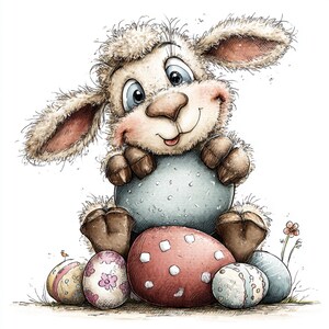 May include: A cartoon illustration of a smiling lamb holding a large blue egg, surrounded by several decorated Easter eggs. The lamb has fluffy, light brown fur, large ears, and blue eyes. The eggs are various colors, including pink, red, and yellow.