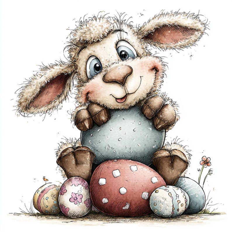 May include: A cartoon illustration of a smiling lamb holding a large blue egg, surrounded by several decorated Easter eggs. The lamb has fluffy, light brown fur, large ears, and blue eyes. The eggs are various colors, including pink, red, and yellow.