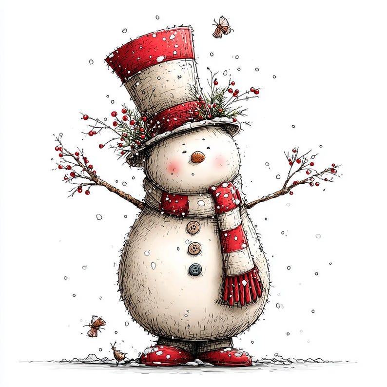 Op de afbeelding: Een grillige illustratie van een sneeuwpop met een rood-witte gestreepte hoge hoed en sjaal. De sneeuwpop heeft takarmen, een wortelneus en knoopogen. Rode bessen en sneeuwvlokken voegen feestelijke details toe aan dit winterse vakantieontwerp.