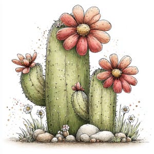 Puede incluir: Ilustraci&oacute;n en acuarela de un cactus floreciente. La imagen presenta un cactus verde con m&uacute;ltiples brazos, adornado con grandes flores rosas y amarillas. Peque&ntilde;as flores blancas y rocas en la base, sobre un fondo blanco.