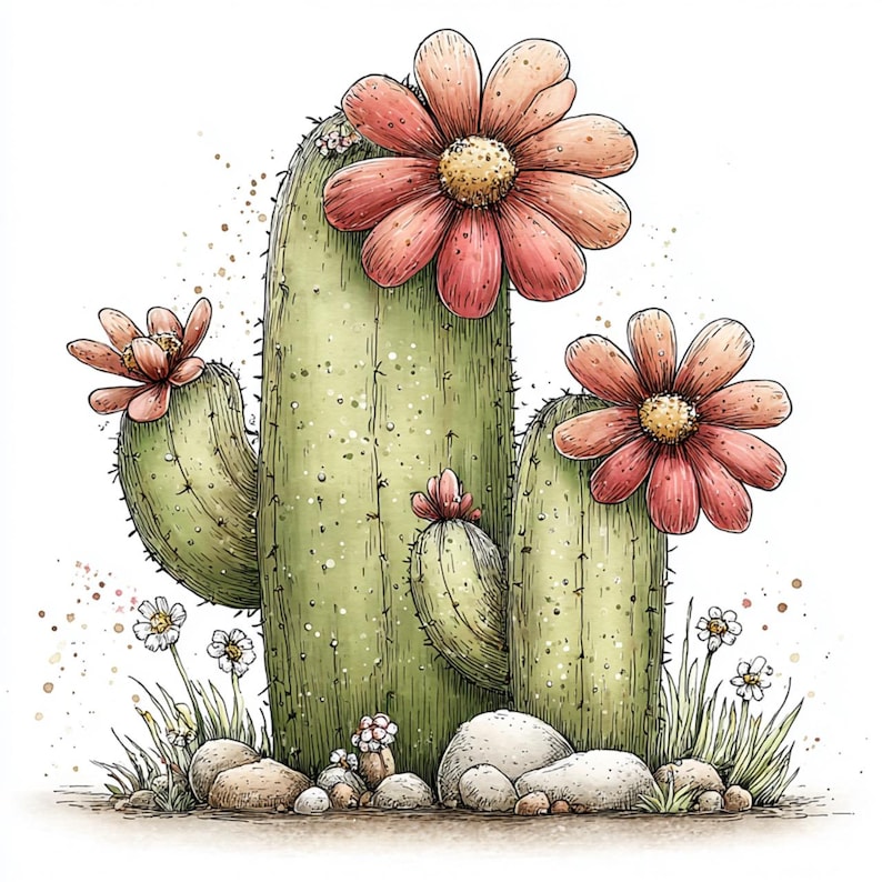 Puede incluir: Ilustraci&oacute;n en acuarela de un cactus floreciente. La imagen presenta un cactus verde con m&uacute;ltiples brazos, adornado con grandes flores rosas y amarillas. Peque&ntilde;as flores blancas y rocas en la base, sobre un fondo blanco.