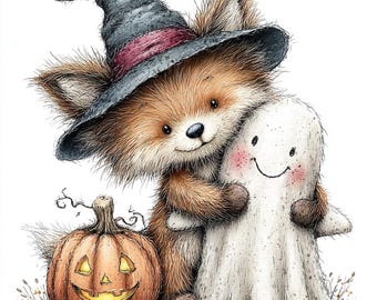 35 JPG Whimsical Woodland Halloween Clipart, Cute Forest Animals in Costumes with Pumpkins, Commercial Use JPG