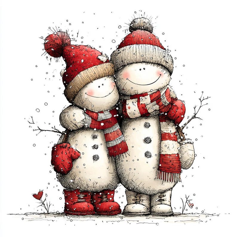 Puede incluir: Ilustraci&oacute;n de dos mu&ntilde;ecos de nieve abrazados, en un entorno nevado. Llevan gorros, bufandas, mitones y botas rojas. Los brazos son ramitas y botones adornan sus cuerpos. Una escena invernal y acogedora.