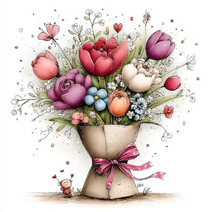 Könnte beinhalten: Aquarell-Illustration eines Blumenstraußes in Papier verpackt und mit einer rosa Schleife gebunden. Der Strauß enthält rote, rosa, lila und orangefarbene Tulpen, Rosen und andere Blumen. Eine kleine Cartoonfigur mit Herzen steht in der Nähe des Bouquets.