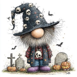 May include: A whimsical illustration of a gnome wearing a tall, dark blue hat adorned with white skulls and red stars. The gnome has a large nose, a bushy beard, a red striped shirt, a dark vest with skull accents, and purple shoes in a graveyard.