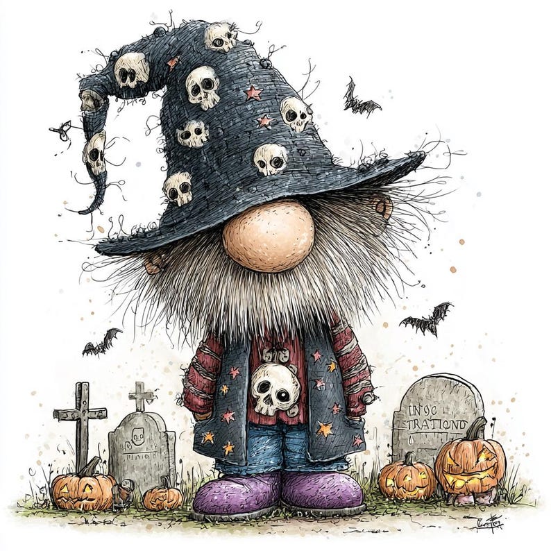 May include: A whimsical illustration of a gnome wearing a tall, dark blue hat adorned with white skulls and red stars. The gnome has a large nose, a bushy beard, a red striped shirt, a dark vest with skull accents, and purple shoes in a graveyard.